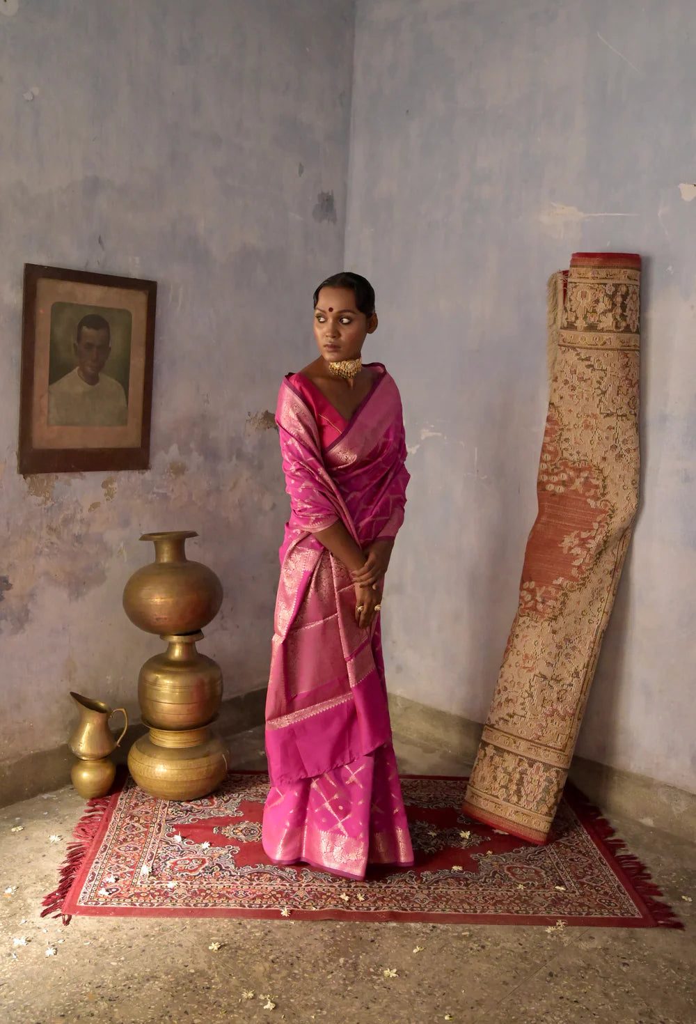 Rani pink Handloom silk Jaal Banarasi Saree with floral Zari Border