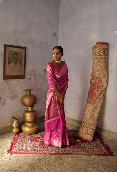 Rani pink Handloom silk Jaal Banarasi Saree with floral Zari Border