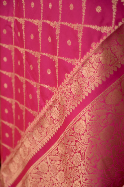 Rani pink Handloom silk Jaal Banarasi Saree with floral Zari Border