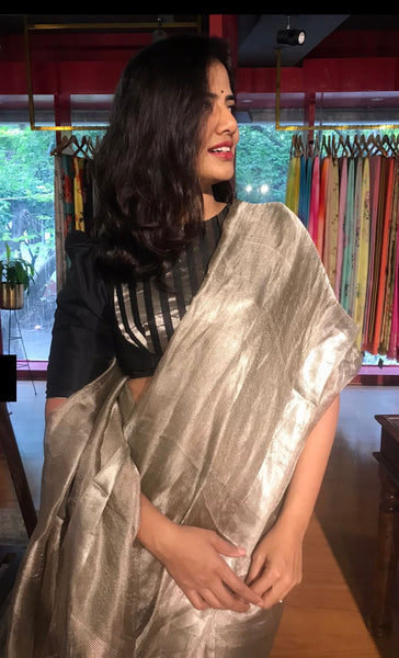 Handwoven Grey Silver Tissue Linen Saree with Silver Border and Tassels on Aachal