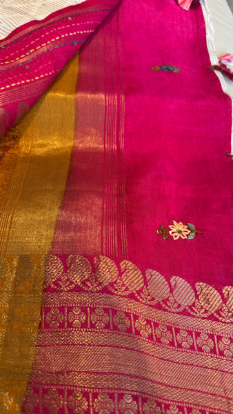 White Soft Silk Saree with French Knots and Kantha Stitch with Zari Border