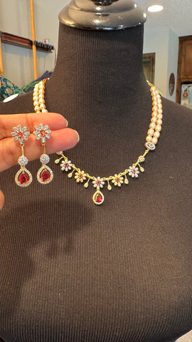 Natural Freshwater White Real Pearl Set with CZ Stonework