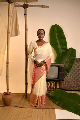 Cream White Cotton Saree with Pink and Golden Striped Border