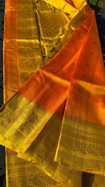 Iridescent Orange and Yellowish Lime Pure Silk Handloom Gadwal Saree