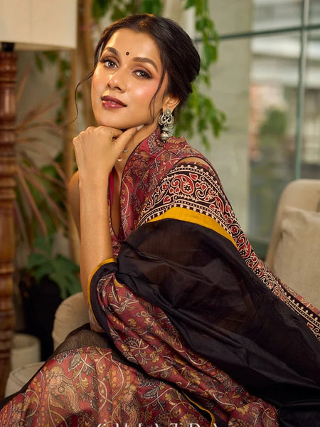 Rust-Brown Chanderi Kalamkari Floral Chanderi Saree with Contrast Black Pallu