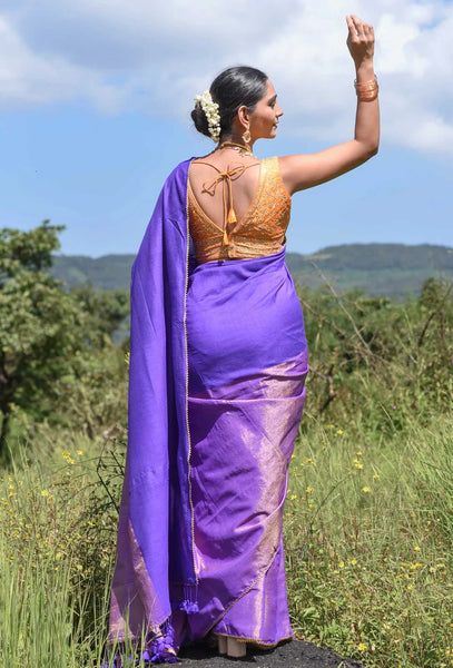 Blue and gold half-and-half saree with gold scallop lace