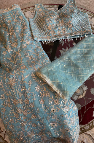 Sky Blue and Silver Embroidered Net Lehenga