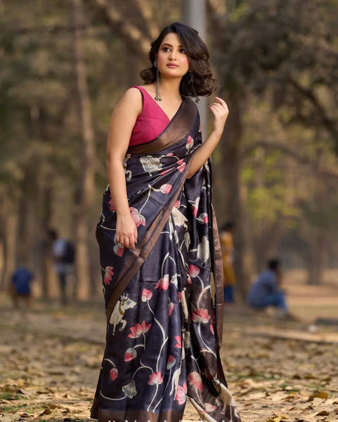 Midnight Black Tussar Silk Saree with Traditional Pichwai Print