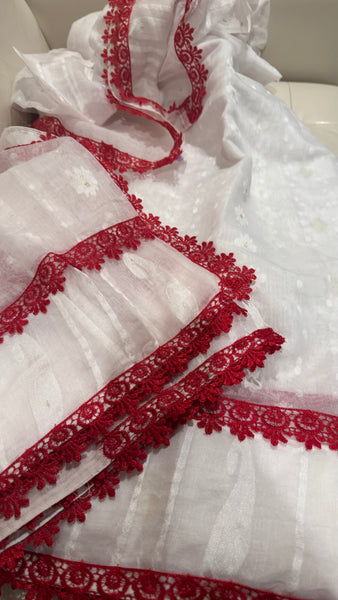 White Dhakai jamdani with Red Lace Border
