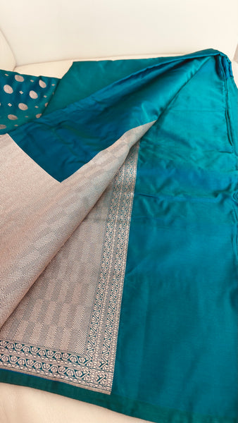 Soft Banarasi Silk Saree Iridescent Peacock Blue With Zari Border