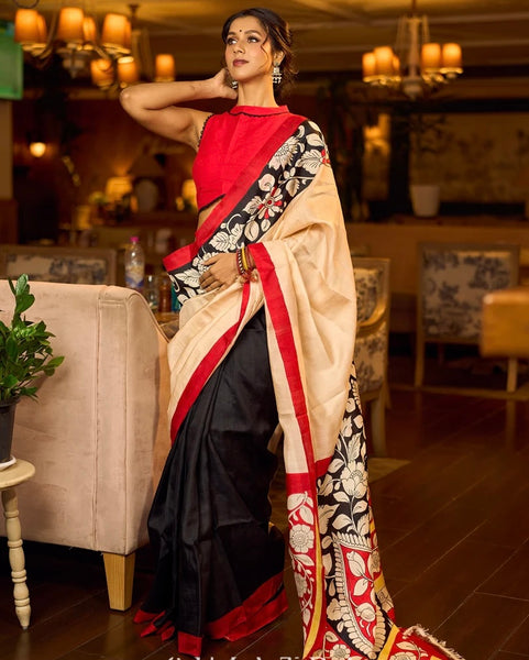 Black Pure Silk Saree with Red & Ivory Kalamkari Floral Border