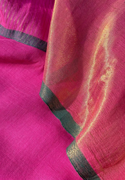 Elegant pink and gold half-and-half cotton-acrylic saree with zari-striped pallu