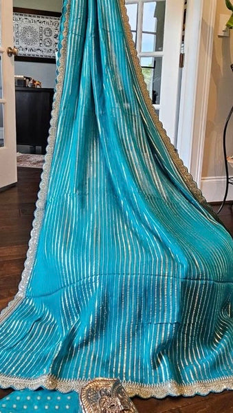 Turquoise and Antique Gold Georgette chiffon scalloped border with weaving blouse