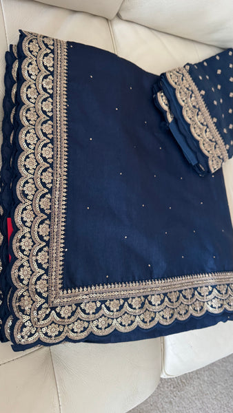 Midnight Blue Tussar Silk Saree with Zardosi Border