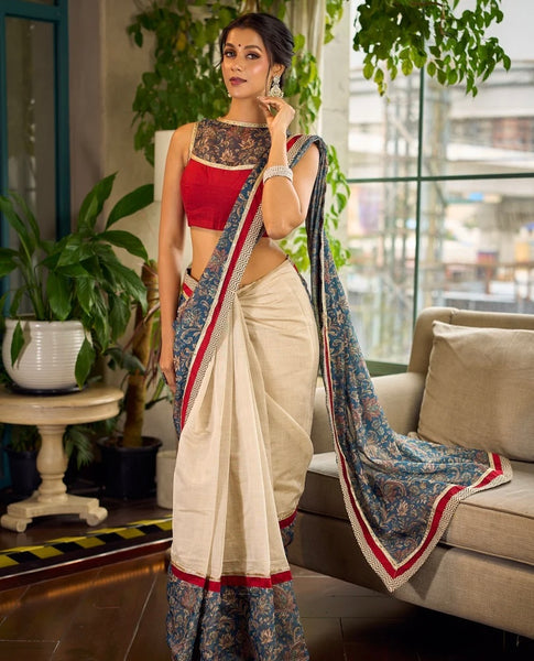 Ivory Kalamkari Floral Chanderi Saree with Red Zari-Trimmed Hem & Chevron Border Accent