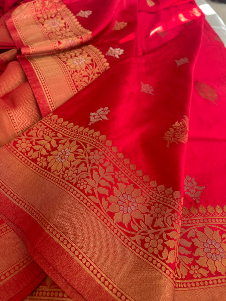 Red Dual Tone Gold and Silver Soft Silk Saree