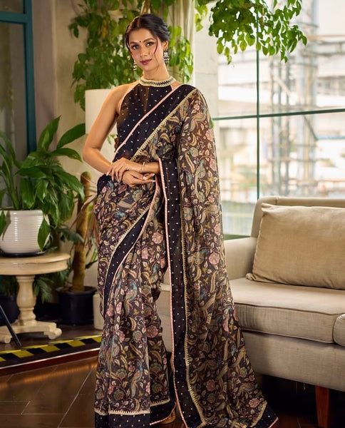 Mystic Black Kalamkari Print Chanderi Saree with Dotted Border & Pink Hem