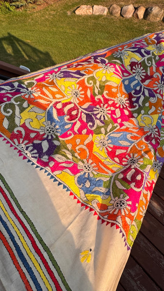 Pure Tussar Silk Kantha Stitched Embroidered Saree