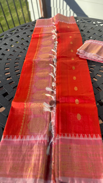 Rust Orange and Baby Pink Pure Silk Handloom Gadwal Saree