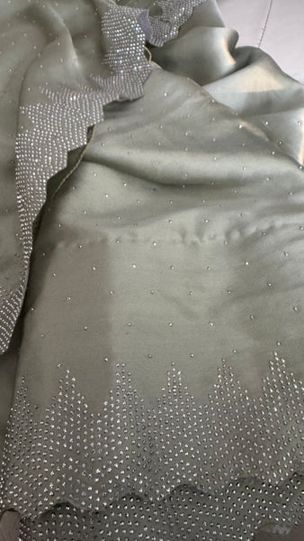 Sage Green Satin Stone Embellished Saree