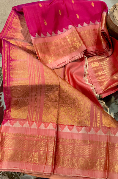 Hot Pink and Baby Pink Pure Silk Handloom Gadwal Saree
