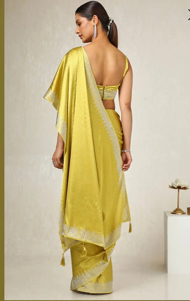 Mustard Green Satin Embellished Saree With Stone Work