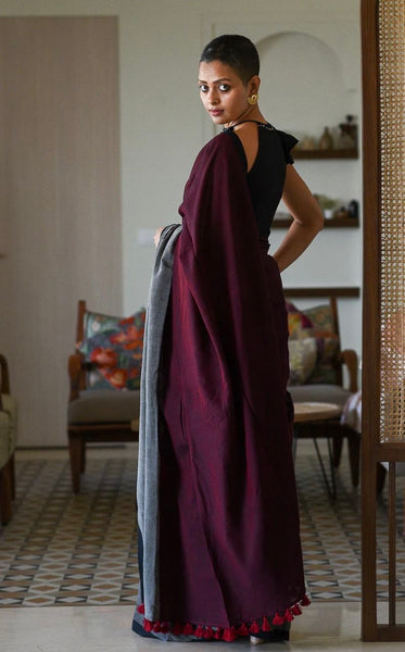 Dark Chocolate Maroon Cotton Handloom Saree