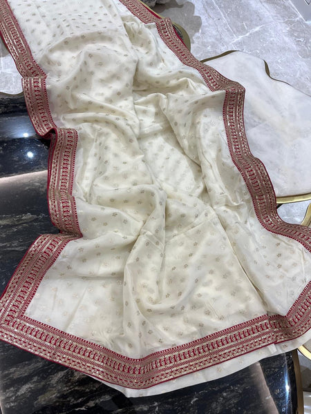 Off-White and Red Georgette Chiffon Zardosi Saree