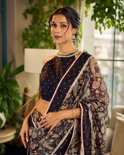 Mystic Black Kalamkari Print Chanderi Saree with Dotted Border & Pink Hem