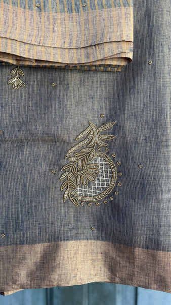 Dual Tone Grey Silver Gold Tone Tissue Linen Saree