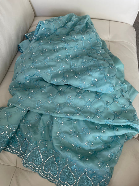 Teal Sky Blue Georgette Silk Saree with Crystals
