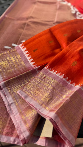 Rust Orange and Baby Pink Pure Silk Handloom Gadwal Saree