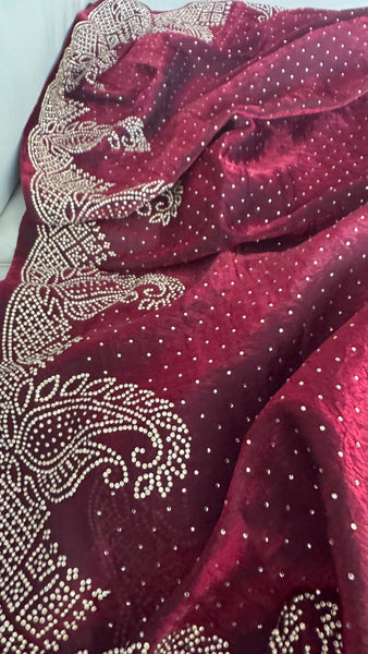 Deep Maroon Silk Crepe All-Over Stone Embellished Saree