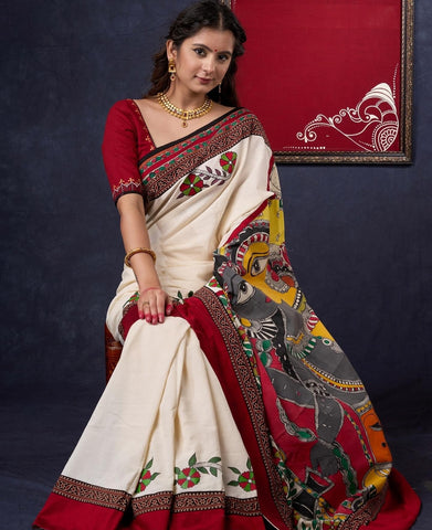 Off-white saree with Hand-Painted Madhubhani Ajrakh border