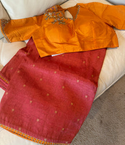 Coral Pink and Orange Katan Tanchoi Silk Saree