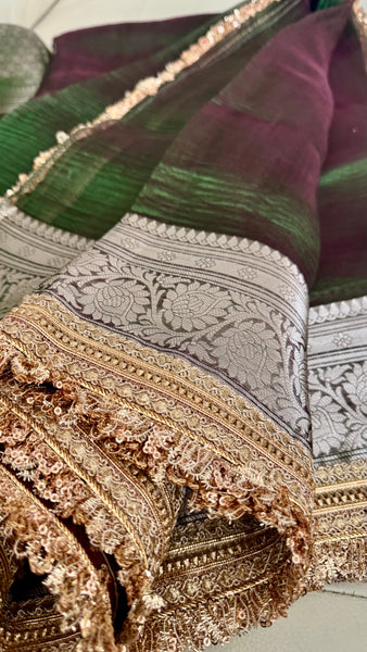 Iridescent Green Tissue Banarasi Brocade Silk Saree