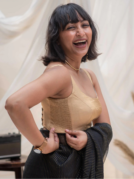 Reversible sleeveless padded U-neck blouse in plain gold cotton silk and striped grey-white cotton with stretchable versatile blouse