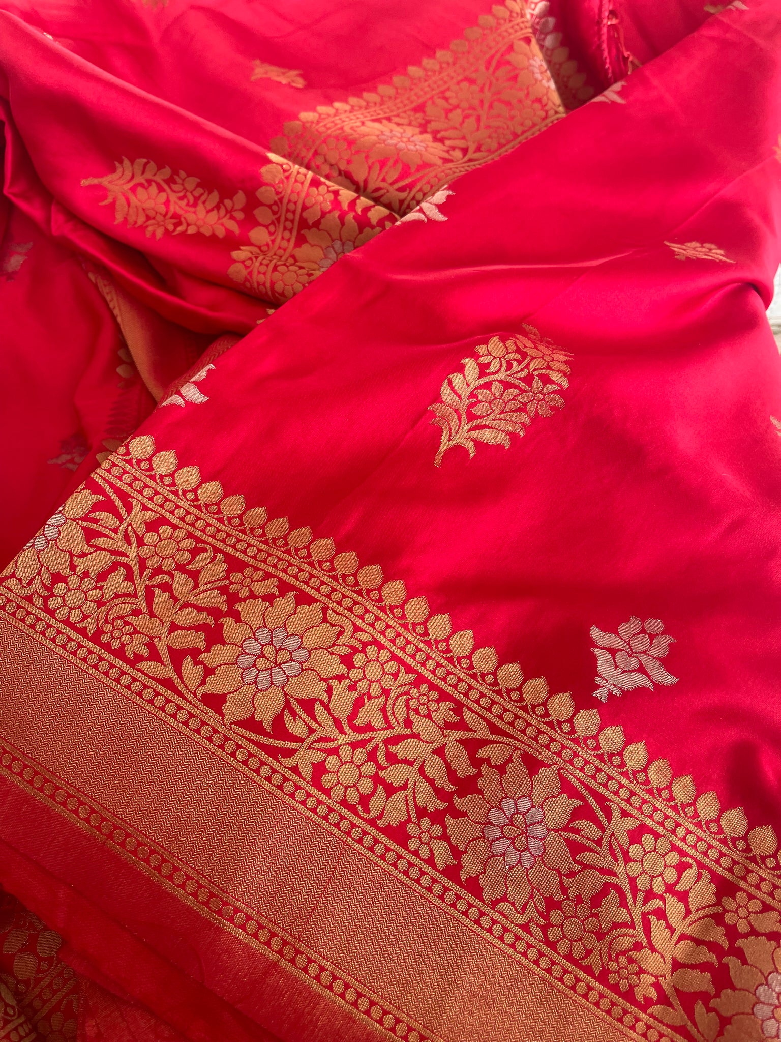 Red Dual Tone Gold and Silver Soft Silk Saree