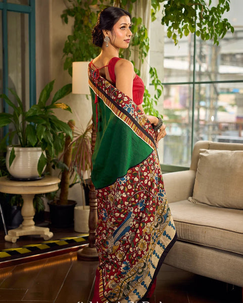Bottle Green Cotton Saree with Contrast Maroon Border & Hand Painted Pen Kalamkari Pallu