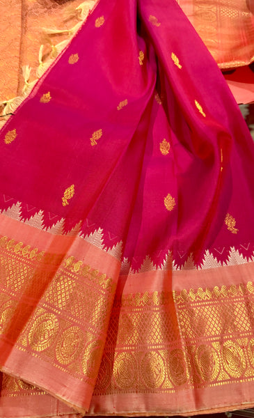 Hot Pink and Baby Pink Pure Silk Handloom Gadwal Saree