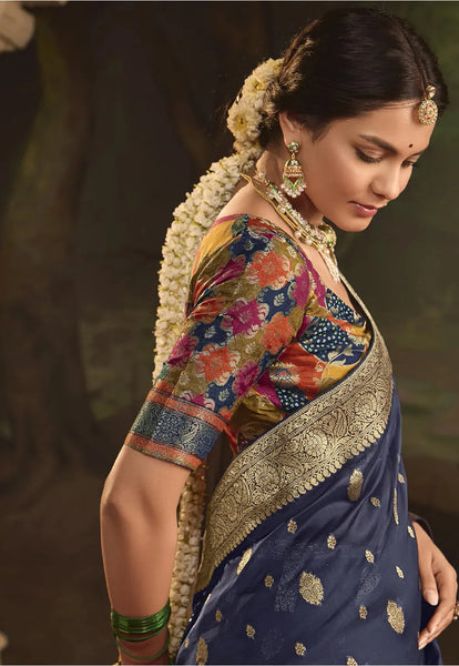 Navy Blue and Gold Pure Tussar Crepe Silk Saree