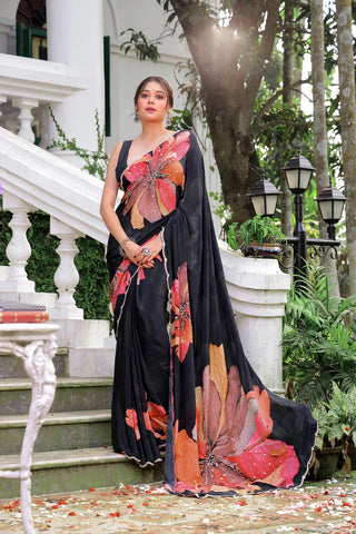 Crepe digital work soft silk saree with Katdana Work