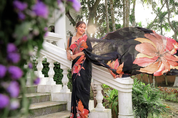 Crepe digital work soft silk saree with Katdana Work