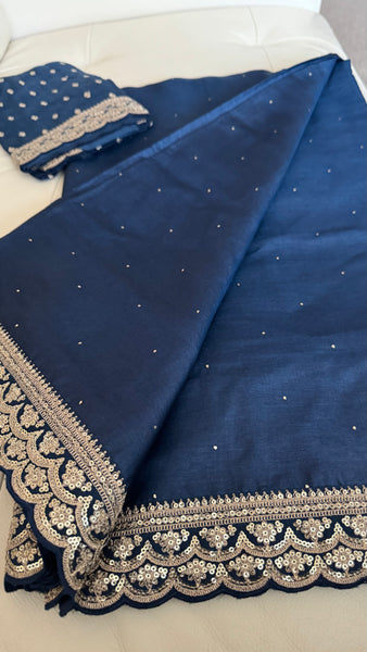 Midnight Blue Tussar Silk Saree with Zardosi Border
