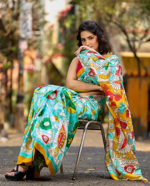 Aqua Blue Tussar Silk Saree with Statement Kalamkari Print