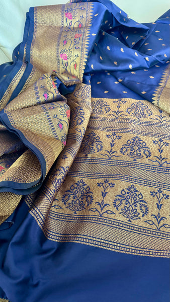 Deep Blue and Gold Handloom Silk Saree with Floral Border