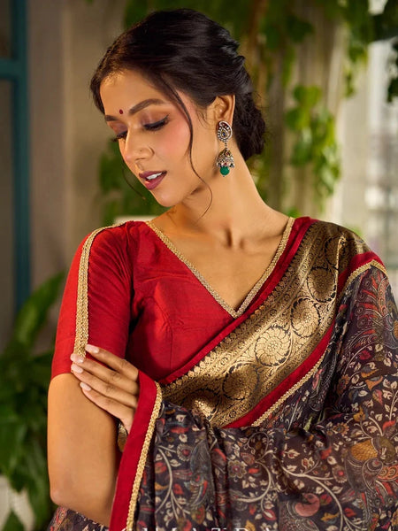 Dark Grey All-Over Kalamkari Floral Chanderi Saree with Gold Woven Zari Border & Maroon Hem Accent