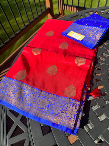 Tomato Red Soft Banarasi Pattu Katan Silk Saree with Zari weaves with Deep Navy Blue Border