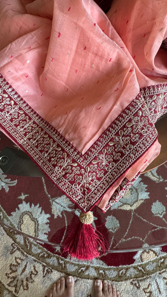 Shade of Peach Pink Handloom Net Silk Saree