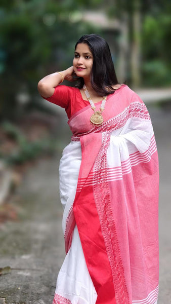 Red & White Begampuri Cotton Handloom Saree
